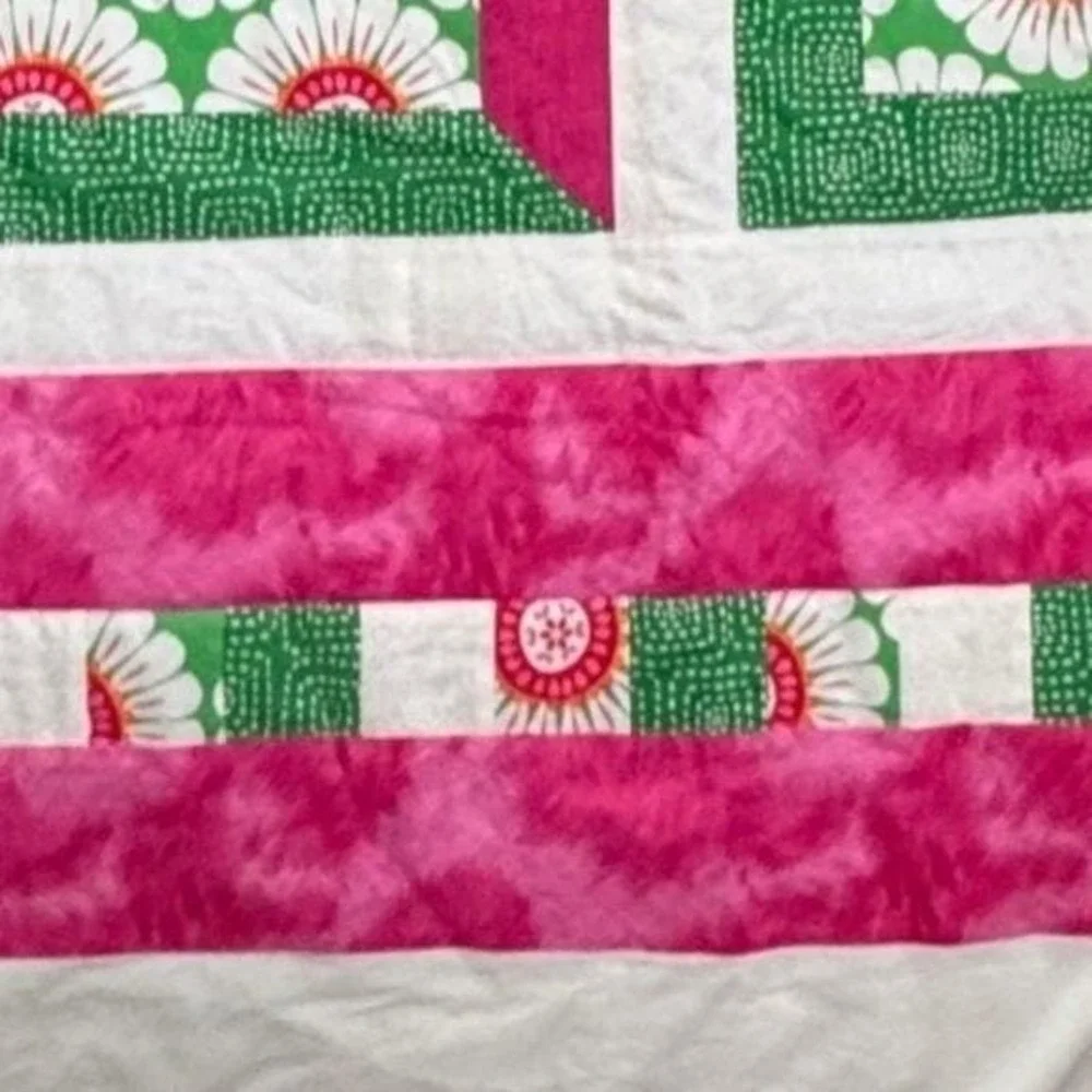 Handmade Patchwork Quilt Bright Pink Green White Floral Boho Cottage 58